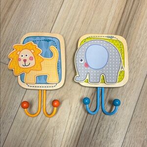 HABA Lion and Elephant Wall Hooks for Kids - Orange and Blue